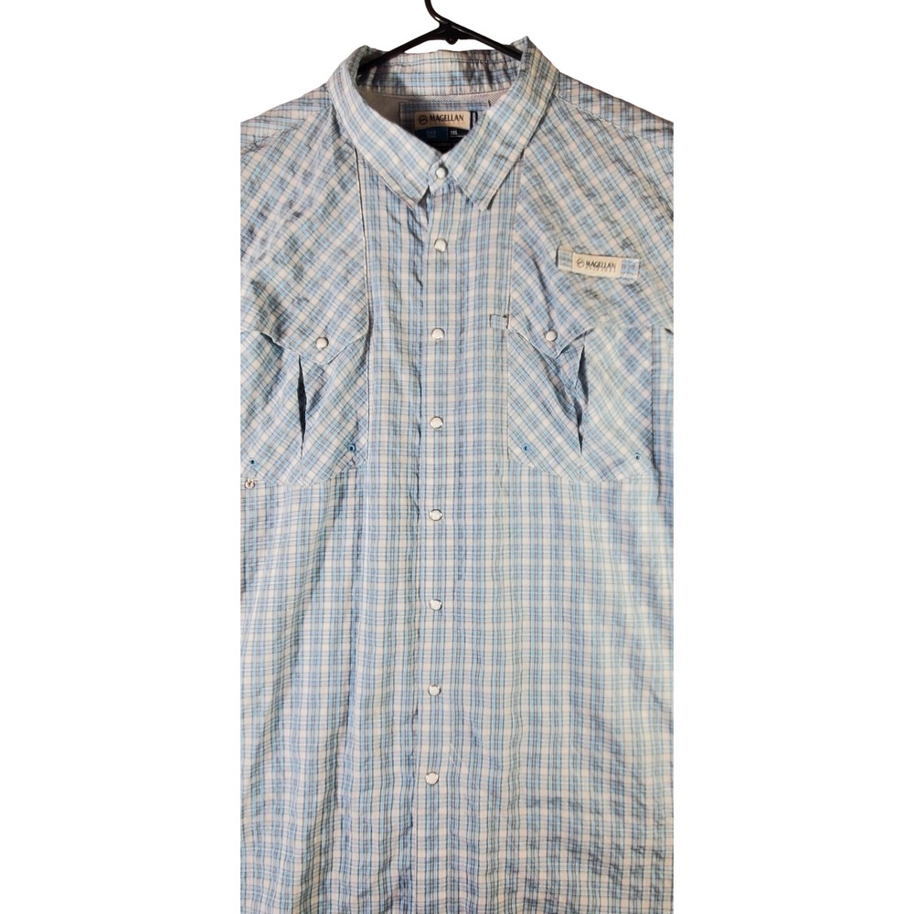 Magellan Outdoors Fish Gear Mens 3XL Blue Plaid Snap Button Fishing Shirt PFG